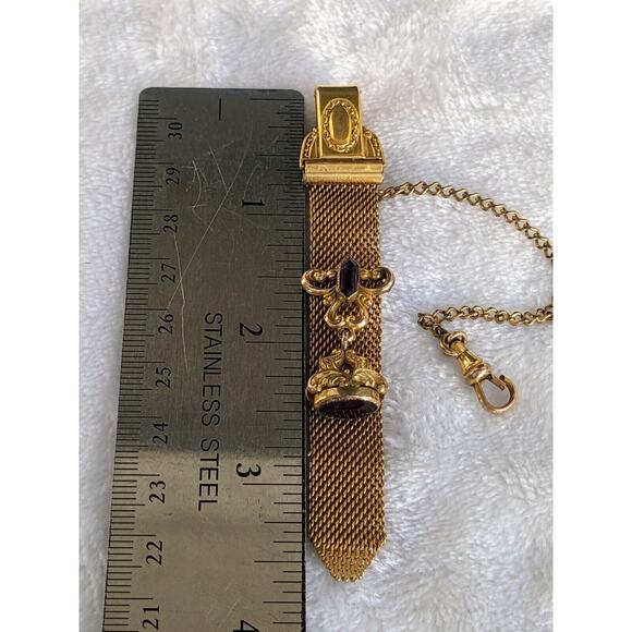 Antique Gold Fill Vest Pocket Clip Watch Chain Mesh Charm Victorian w/ Amethysts - Picture 12 of 12